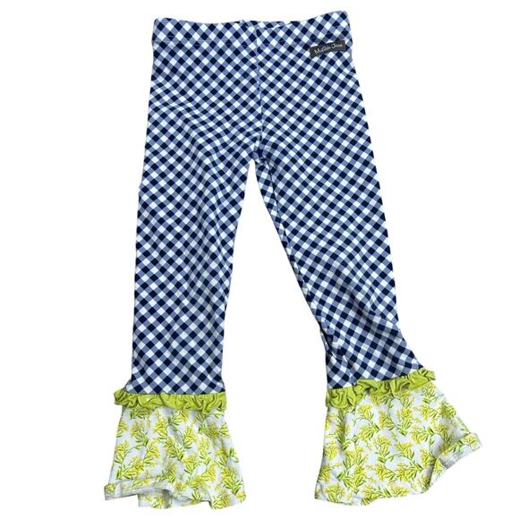 Matilda Jane Girls Size 4 Ruffle Pants – Navy Gingham Floral Hem Boho Boutique - Picture 1 of 5